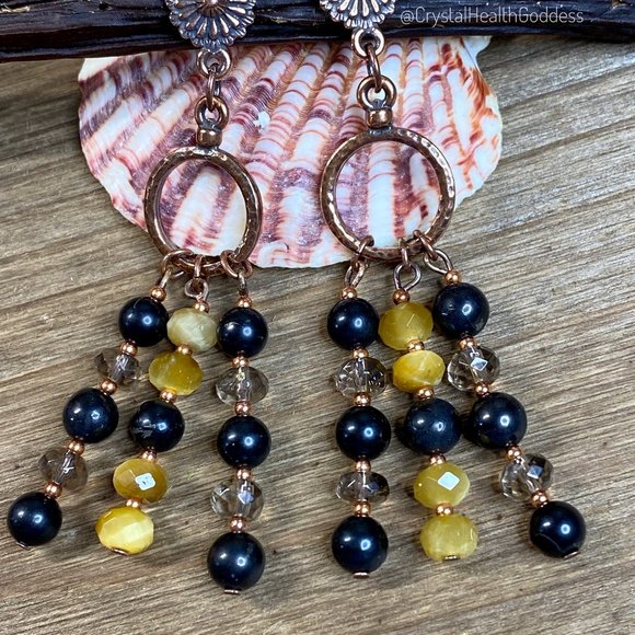 Shungite + Smokey Quartz + Tiger Eye Antique Copper Chandelier Earrings - Picture 3 of 6